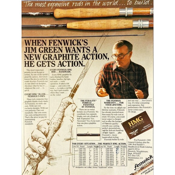Fenwick When Jim Green Wants a New Graphite Action He Gets It Vntg Print Ad 1981 - Picture 1 of 3